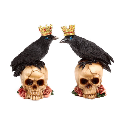 Crow wearing crown decorative ornament on skulls