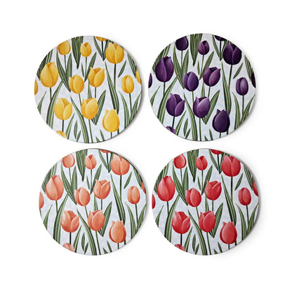 Close-up of Cork Coaster with tulip artwork