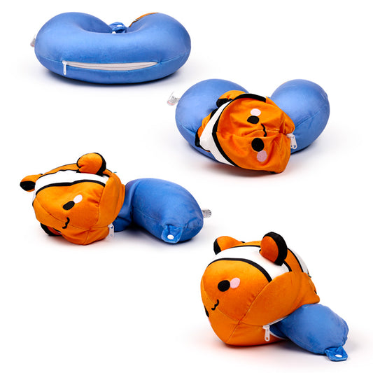 Finley the Clownfish plush toy in travel pillow form
