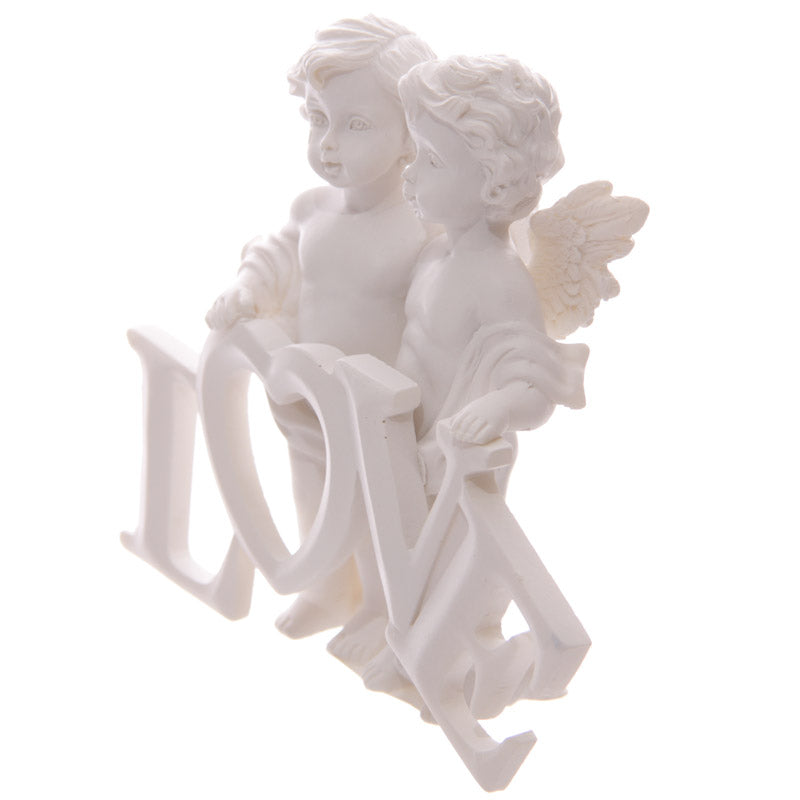 Cherub couple nestled together with LOVE letters