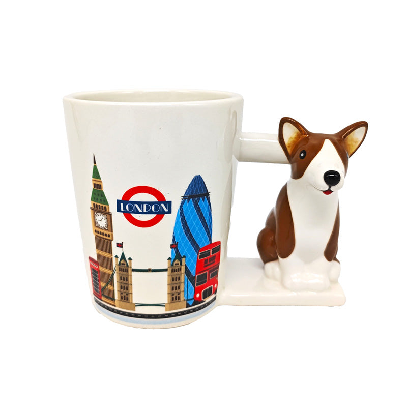 Corgi shaped handle ceramic mug featuring a London design