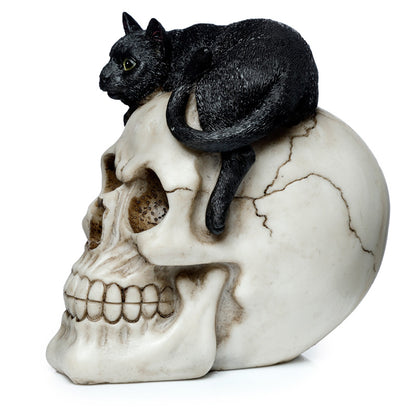 Close-up of Fantasy Skull Ornament with Black Cat