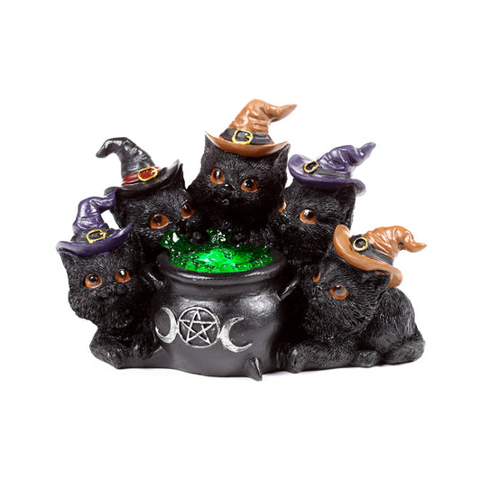 Witches LED Cat atop a bubbling cauldron