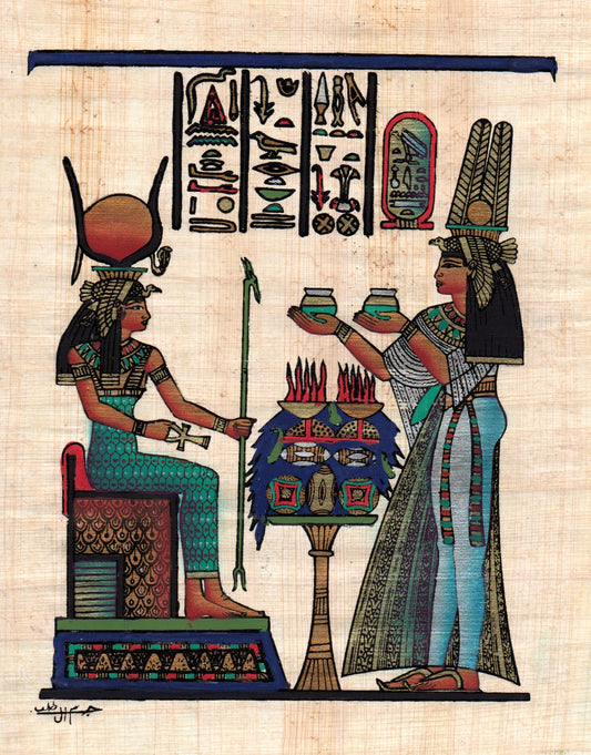 Egyptian papyrus painting of Hathor and Nefertari