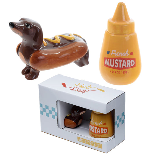 Ceramic Salt & Pepper Set featuring a sausage dog and mustard