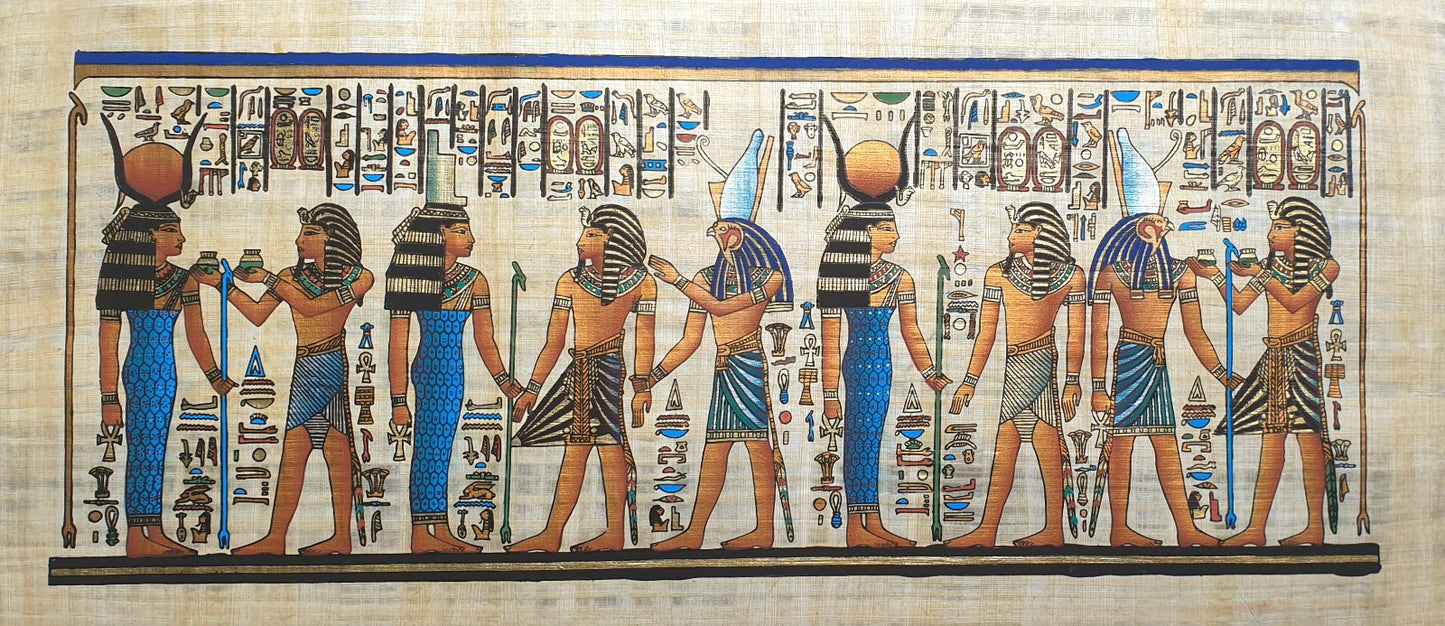 Egyptian papyrus painting depicting Isis and Horus with intricate details and vibrant colours