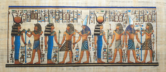 Egyptian papyrus painting depicting Isis and Horus with intricate details and vibrant colours