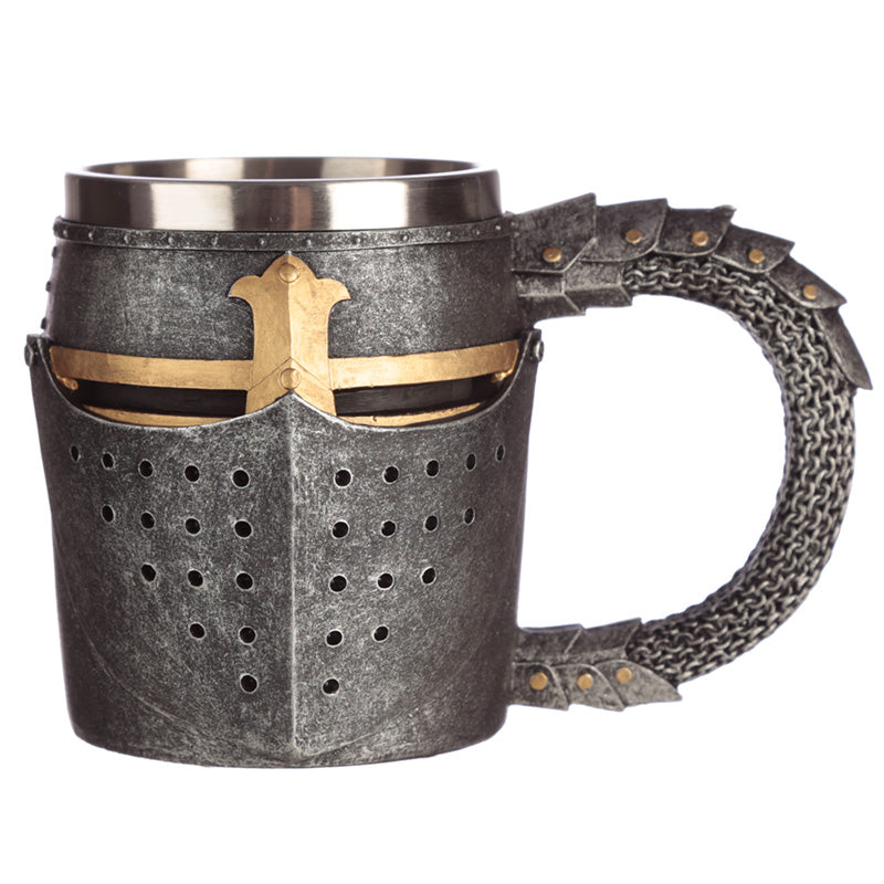 Decorative tankard with medieval helmet design