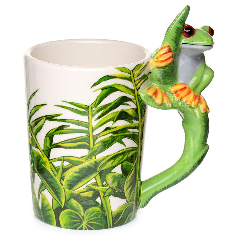 Tree Frog Shaped Handle Ceramic Mug with foliage design