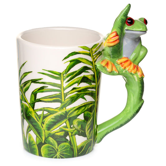 Tree Frog Shaped Handle Ceramic Mug with foliage design