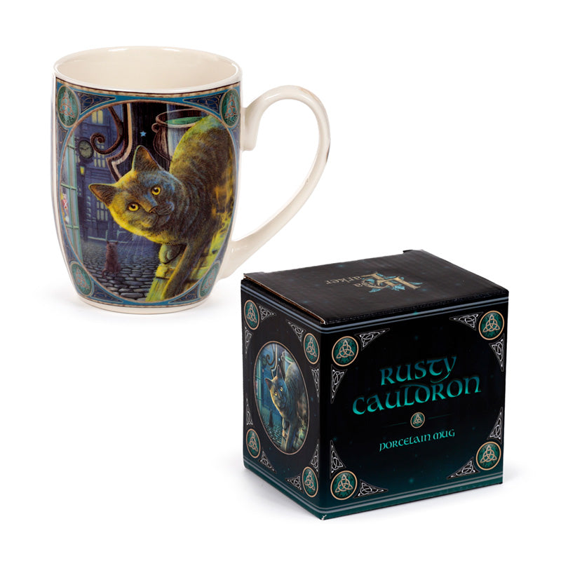 Lisa Parker Rusty Cauldron Cat Mug displayed with other collectibles