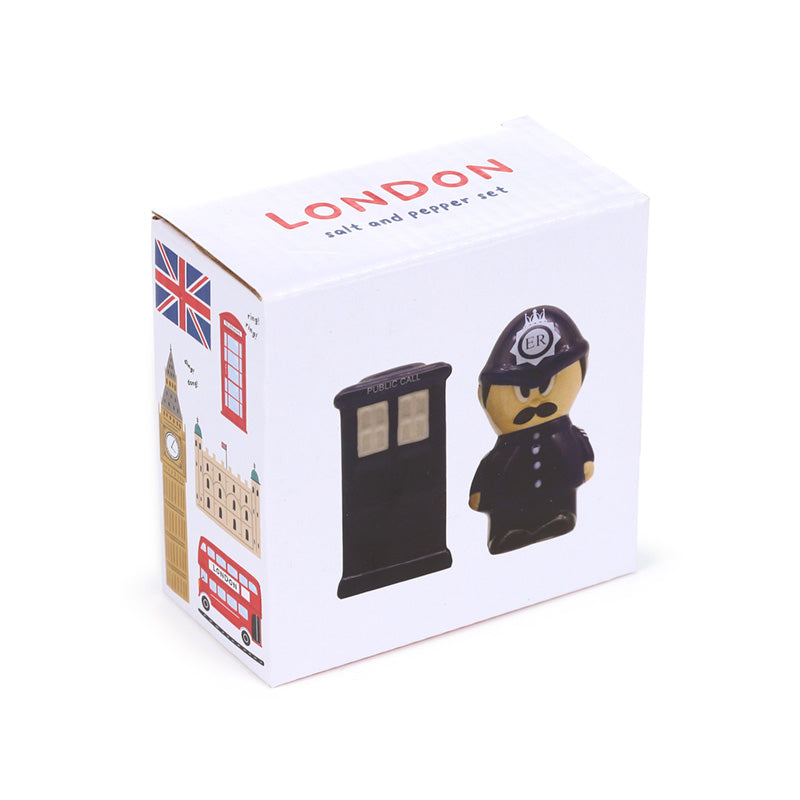 Close-up of Police Box and Policeman Ceramic Shakers
