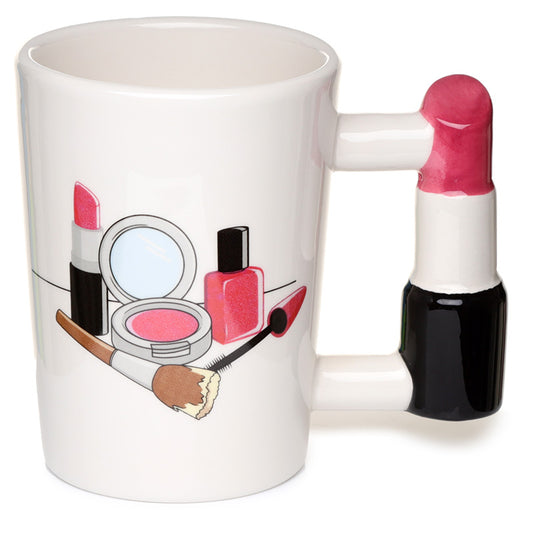 Whimsical lipstick shaped handle ceramic mug