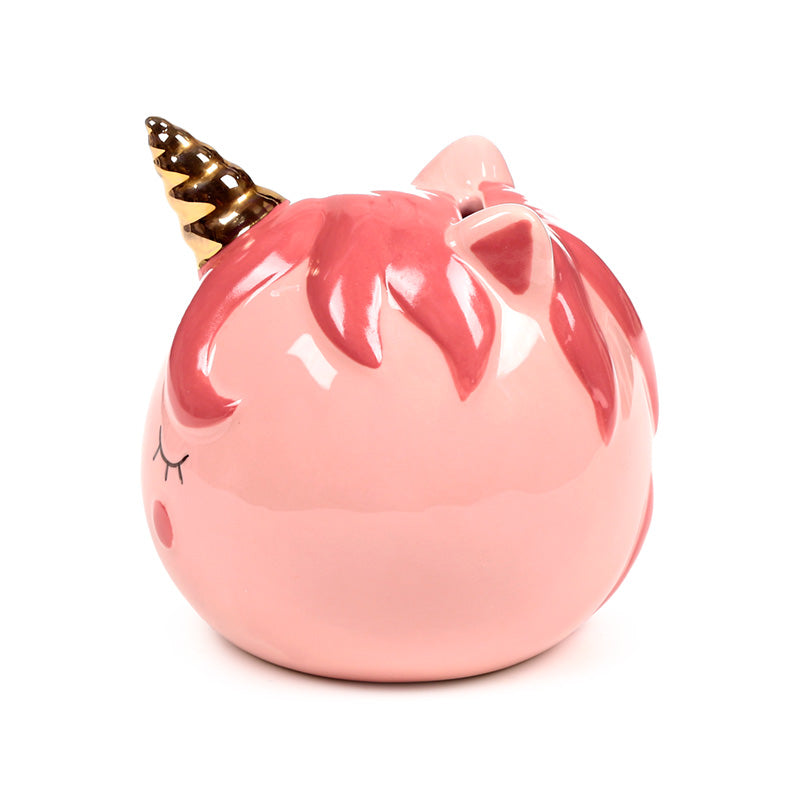 Ceramic Money Box Enchanted Rainbows Unicorn Pink in a home setting
