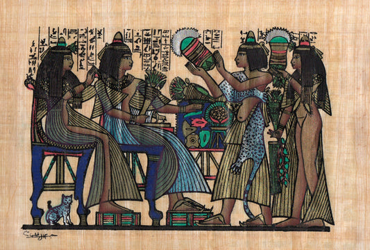 Egyptian Papyrus artwork depicting the Lotus Festival with intricate details of the lotus flower and ancient symbols.
