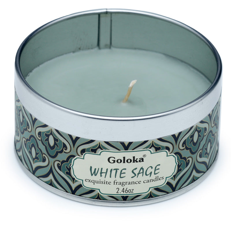 Goloka White Sage Wax Candle Tin burning