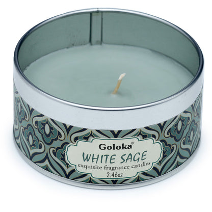 Goloka White Sage Wax Candle Tin burning