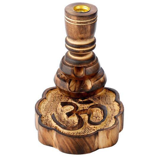 Carved Mango Wood Backflow Incense Burner - Om design