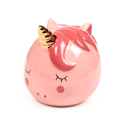 Ceramic Money Box Enchanted Rainbows Unicorn Pink on display