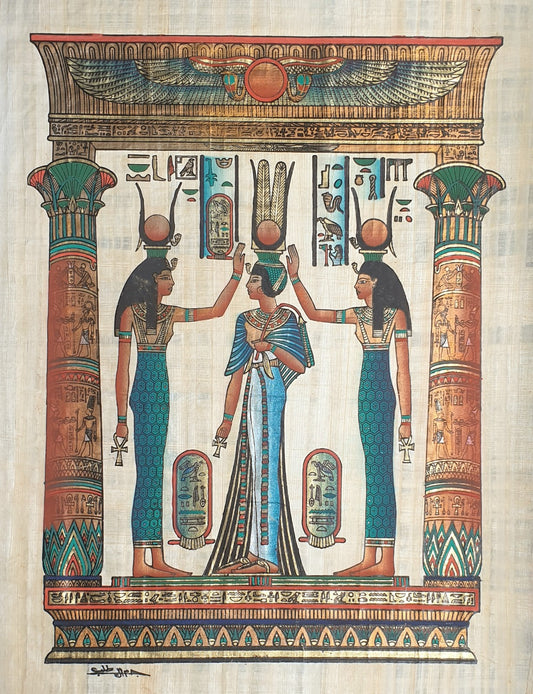 Egyptian papyrus painting of the Coronation of Nefertari, featuring deities and hieroglyphs
