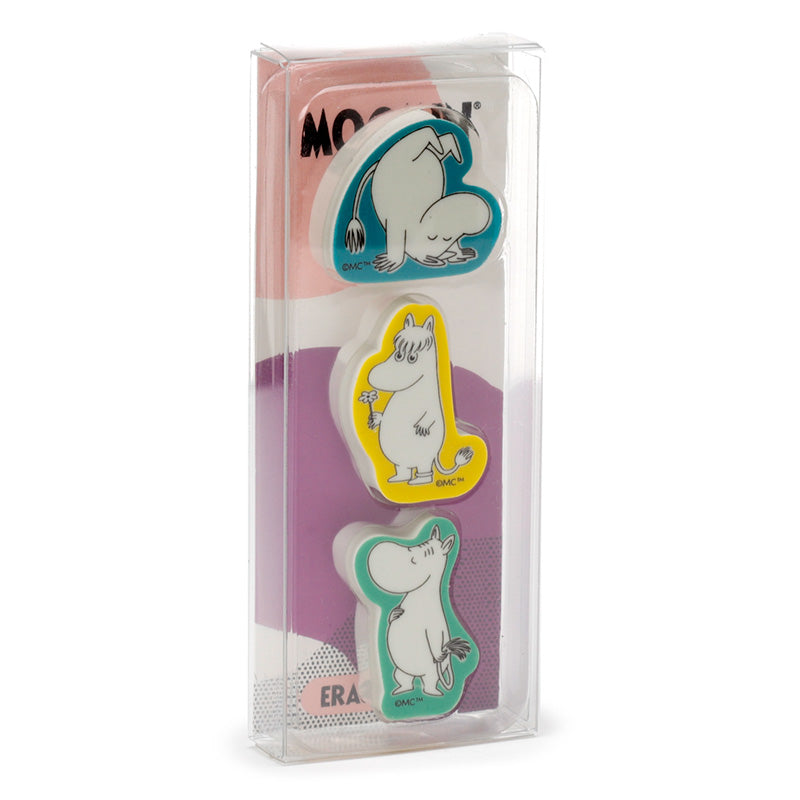 Close-up of Moomin character erasers