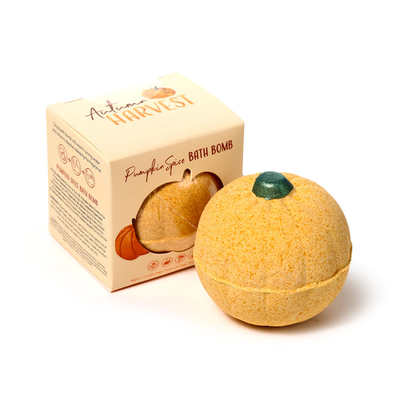 Autumn Harvest Pumpkin Bath Bomb with autumn leaves
