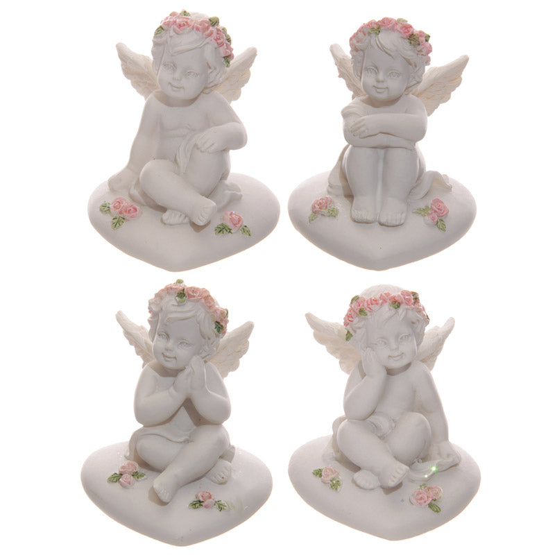 Collectable Cherub Sitting on Heart with Pink Roses - Front View