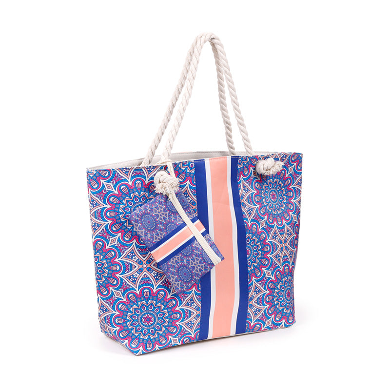 Blue Mandala Beach Bag and Pouch Set displayed outdoors