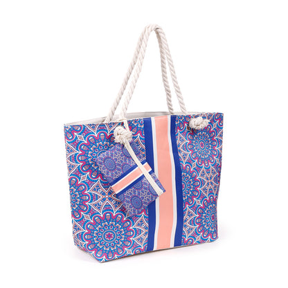 Blue Mandala Beach Bag and Pouch Set displayed outdoors